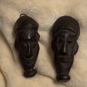 Hand-Carved Dark Brown Wooden Tribal Wall Masks - Set of 2